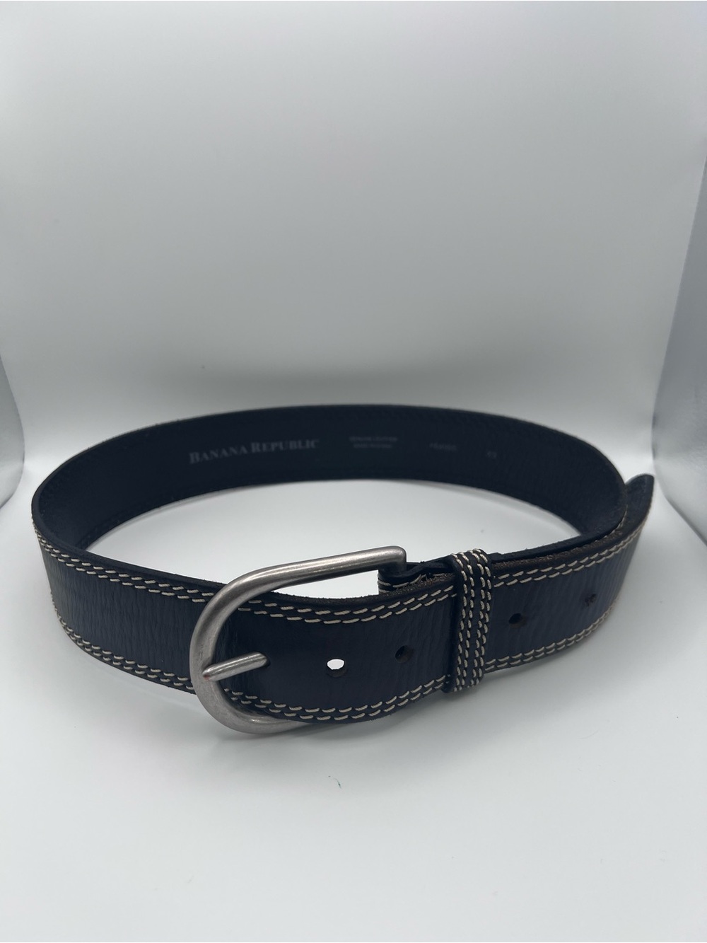 Banana Republic Womens XS Black Genuine Leather Belt Contrast Stitch Silver